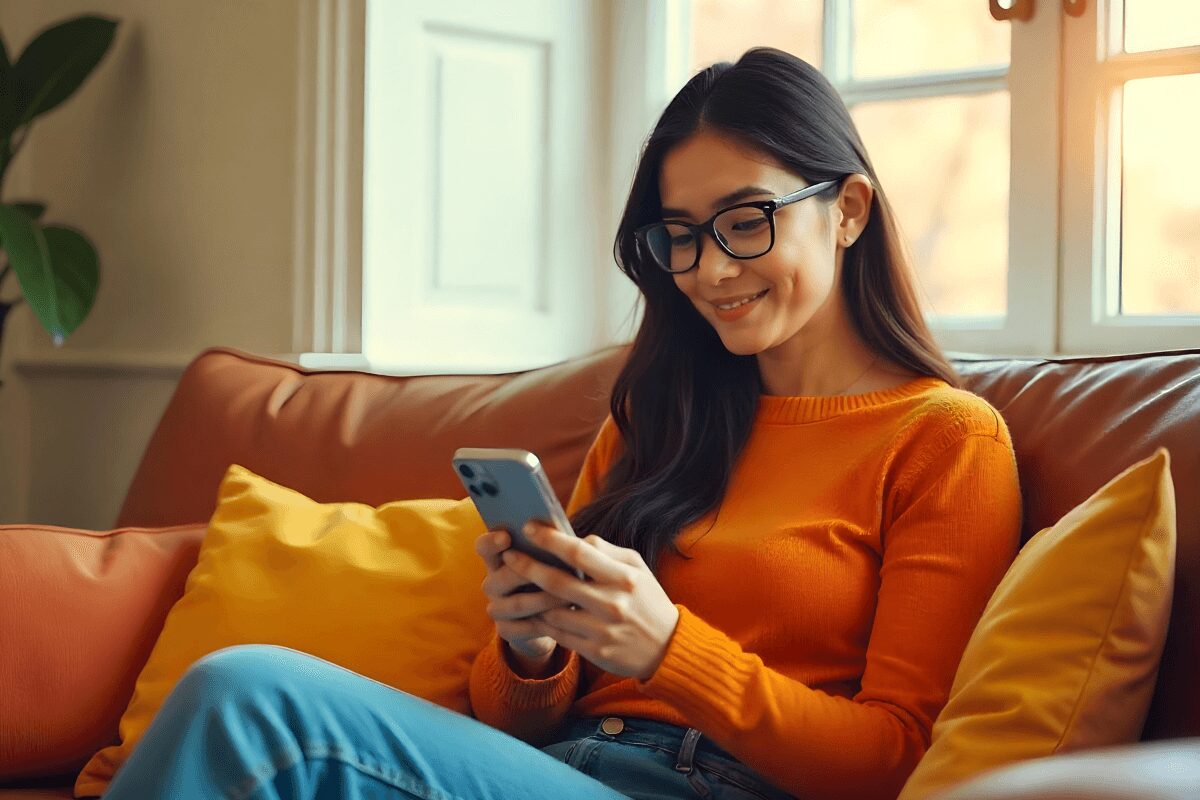 スマートフォンを見てほほ笑む女性