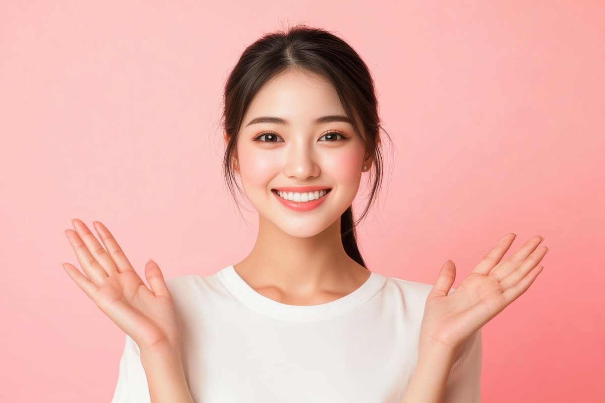 両手を開く若い女性