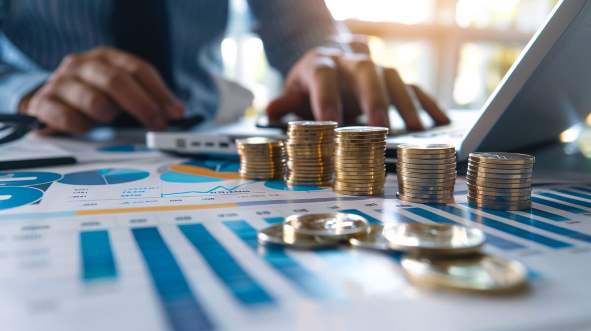 お金とデータ、計算する男性の手元