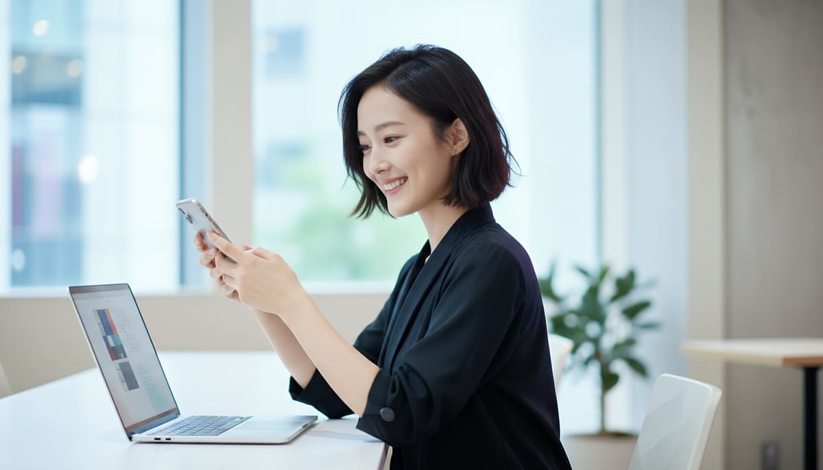 カフェで作業している笑顔の女性クリエイター