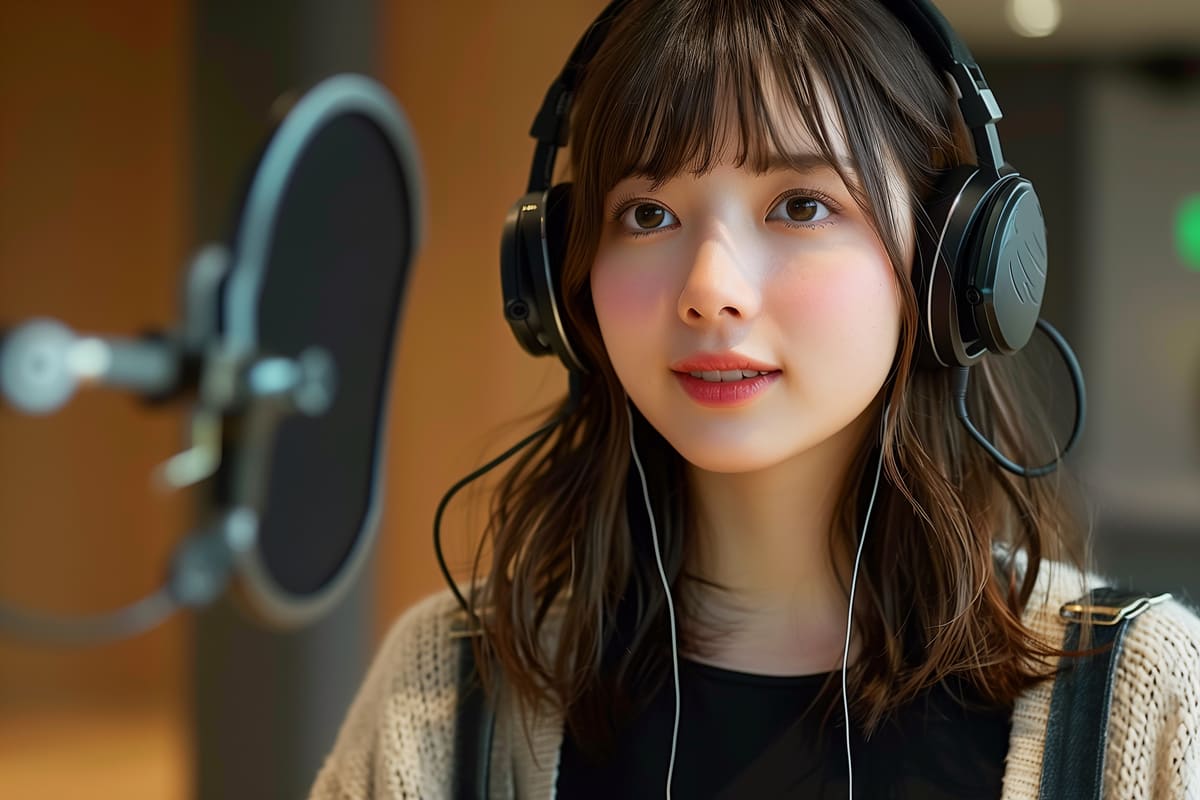 収録中の声優女性