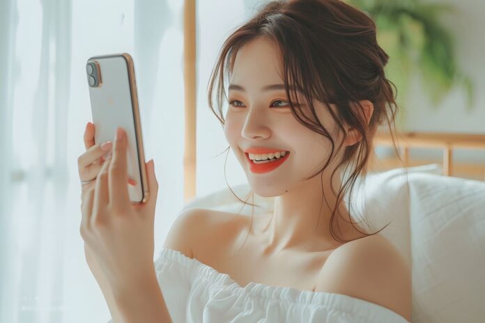 笑顔でスマホを見る女性