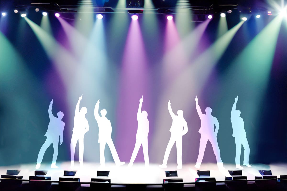 ステージでダンスする7人の男性シルエット