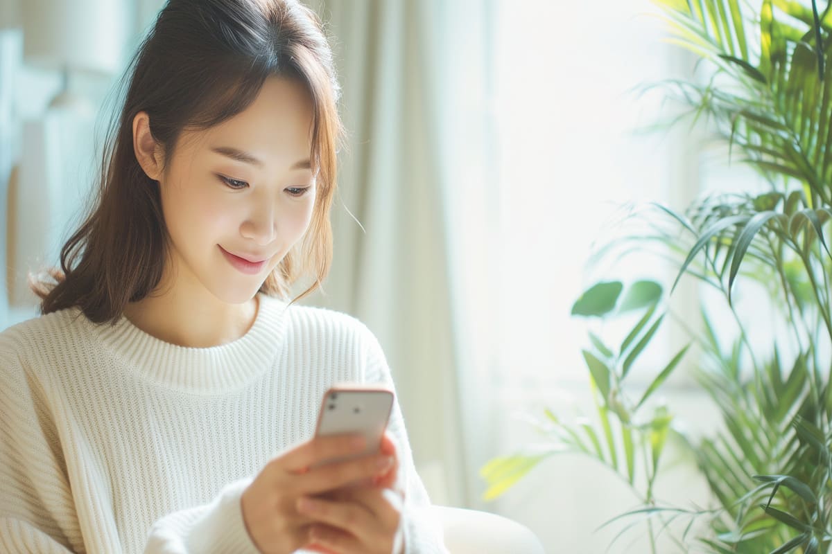 笑顔でスマホを操作する女性