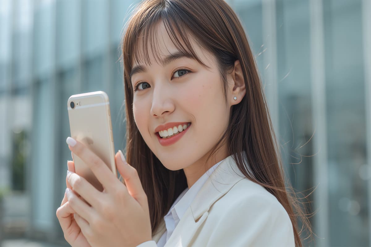 笑顔でスマホを操作するロングヘア女性