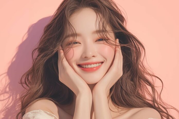 ピンク背景に美しいアジア人女性