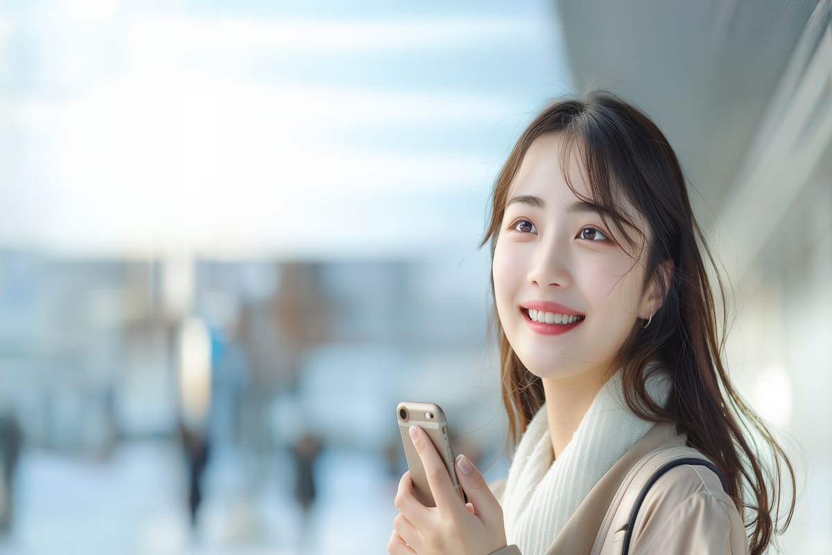 街でスマホを使う白マフラーの女性