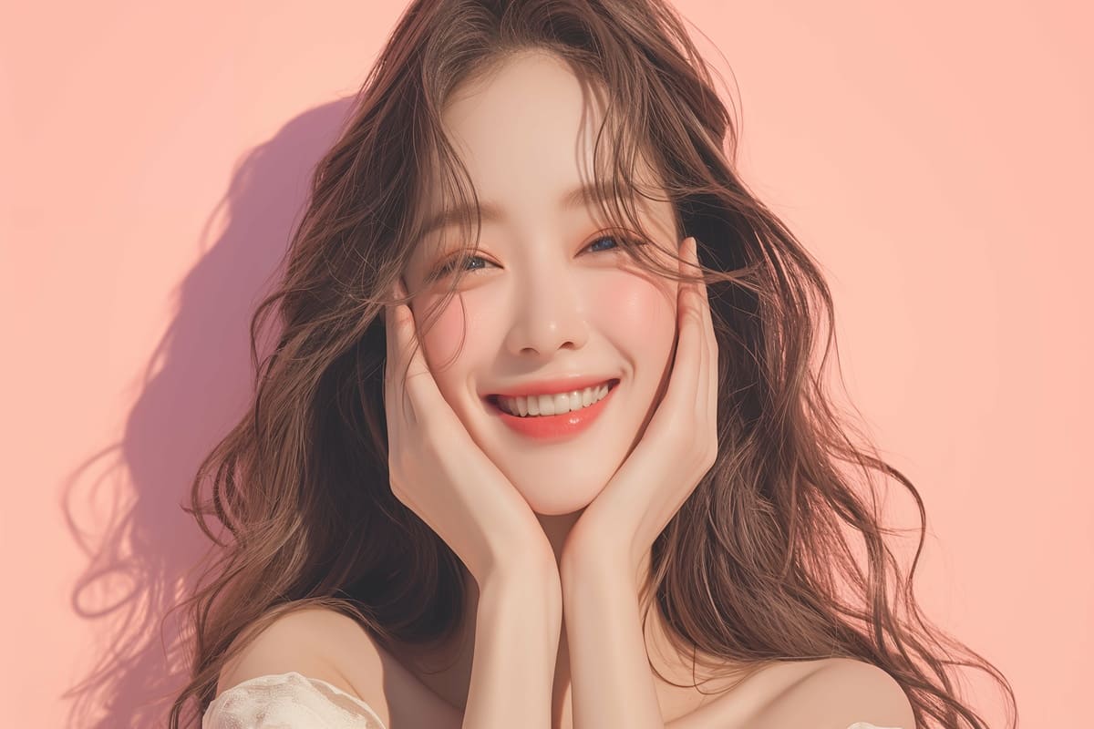 ピンク背景に美しいアジア人女性