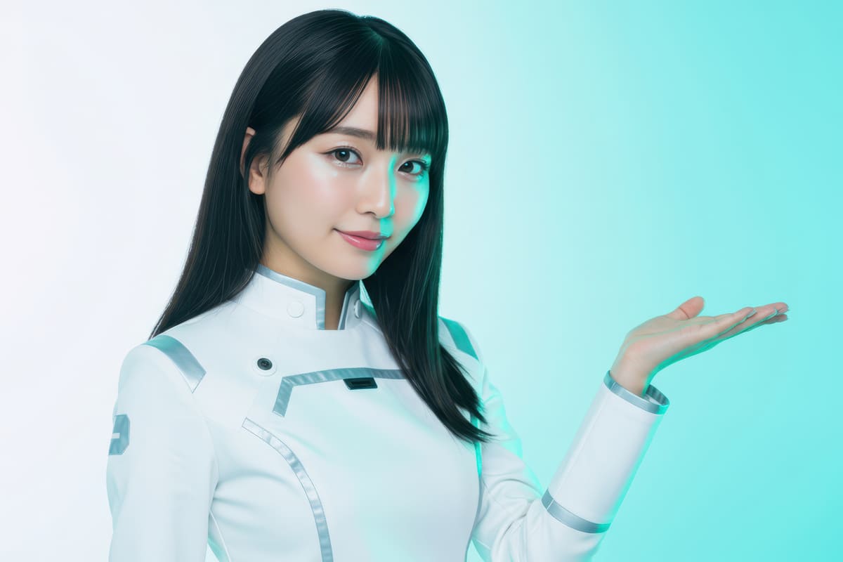 ホログラム空間で微笑むナビゲーターの女性