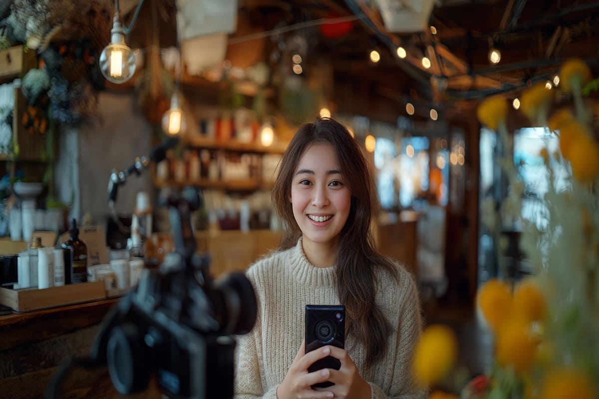 カメラの前でスマホを持つ女性