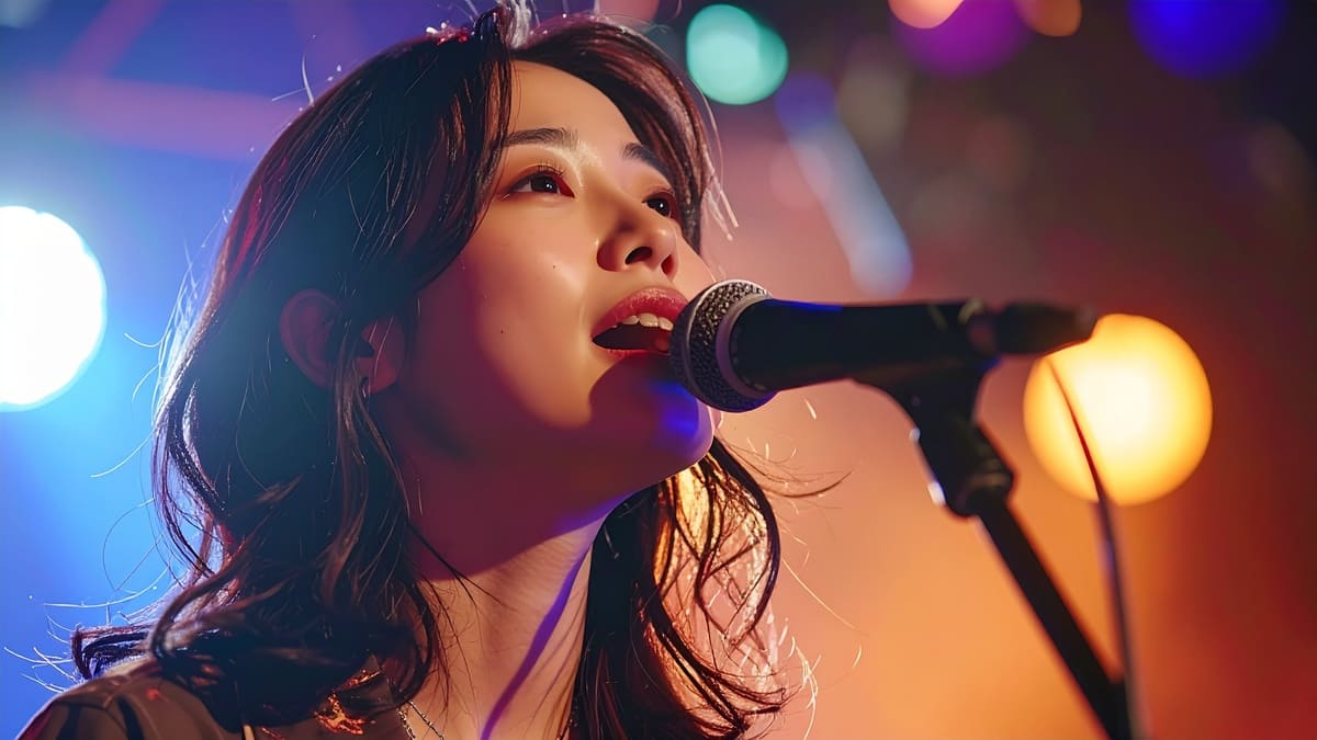 ステージ上でマイクを持つ女性