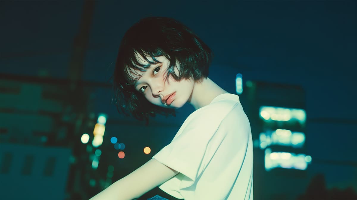 夜の都会を歩く若い女性
