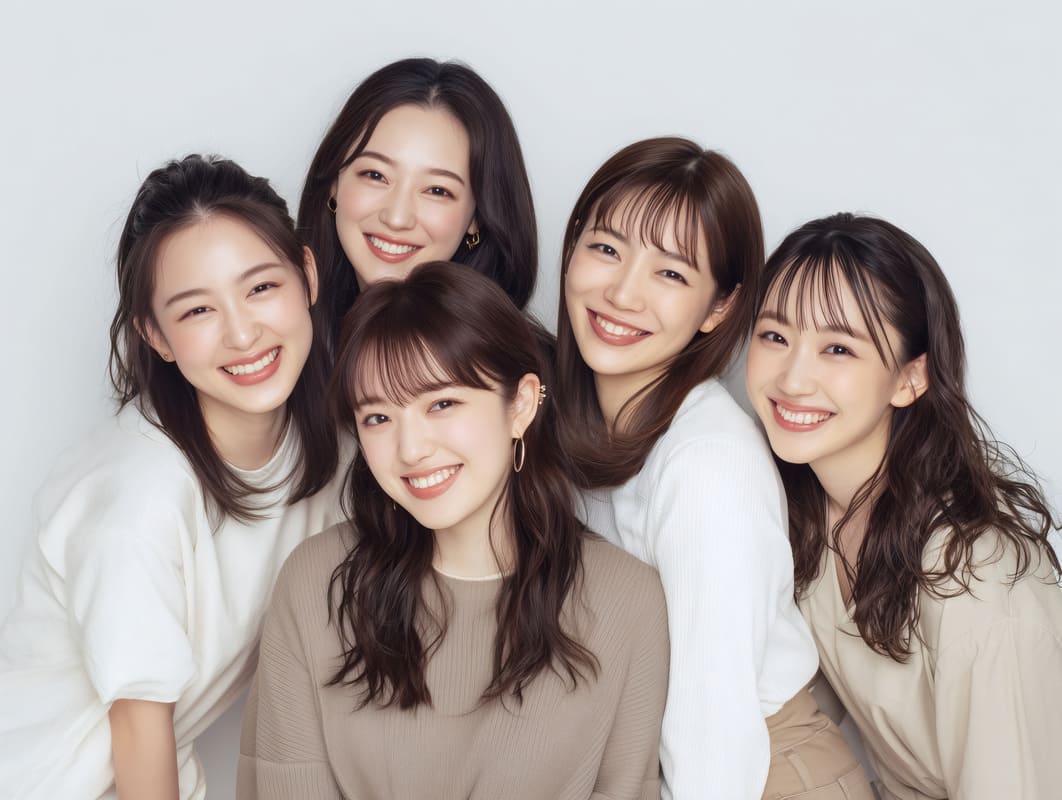 笑顔あふれる若い女性グループの仲良し集合写真