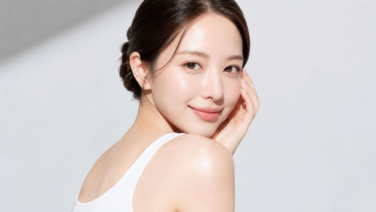肩越しにやさしく微笑む若い女性のクリーンビューティーポートレート