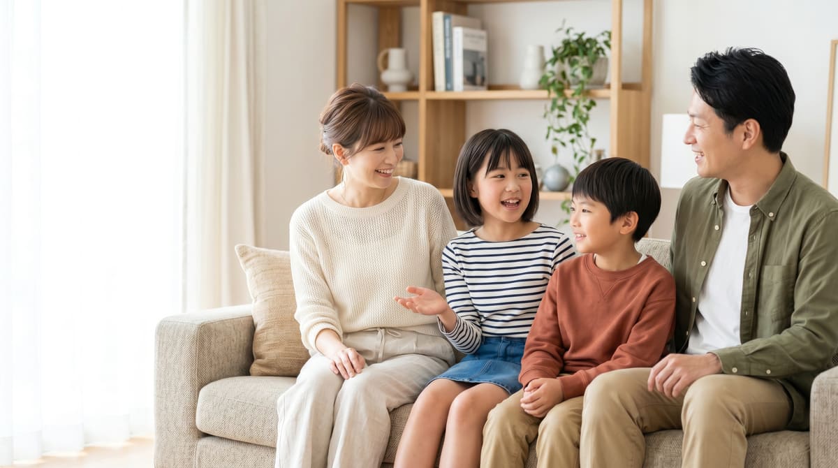 リビングのソファで笑顔でくつろぐ家族