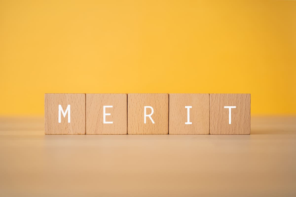 「MERIT」と書かれた積み木